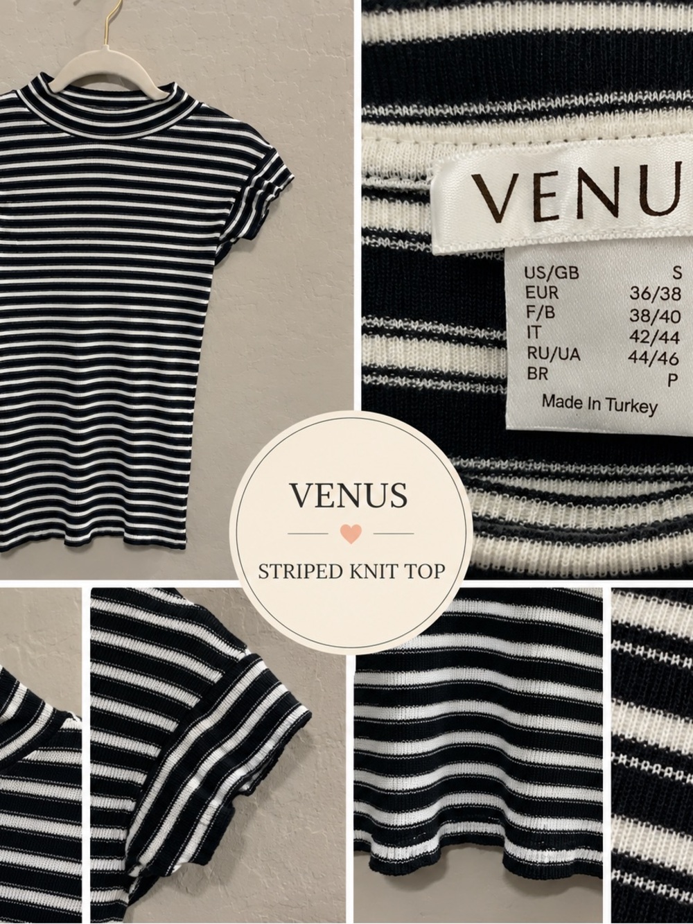 VENUS Black & White Striped Short Sleeve Knit Tee